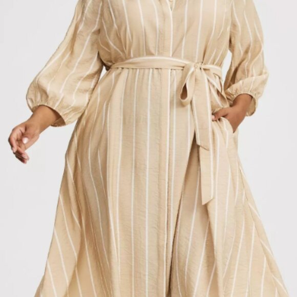 Torrid Collared Tie-Front Shirt Dress - Beig & White Stripe - Picture 2 of 6